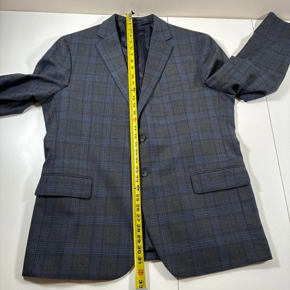 Jos A Bank Sport Coat 44R Grey Blue Glen Plaid Tailored Fit Wool Blend Modern